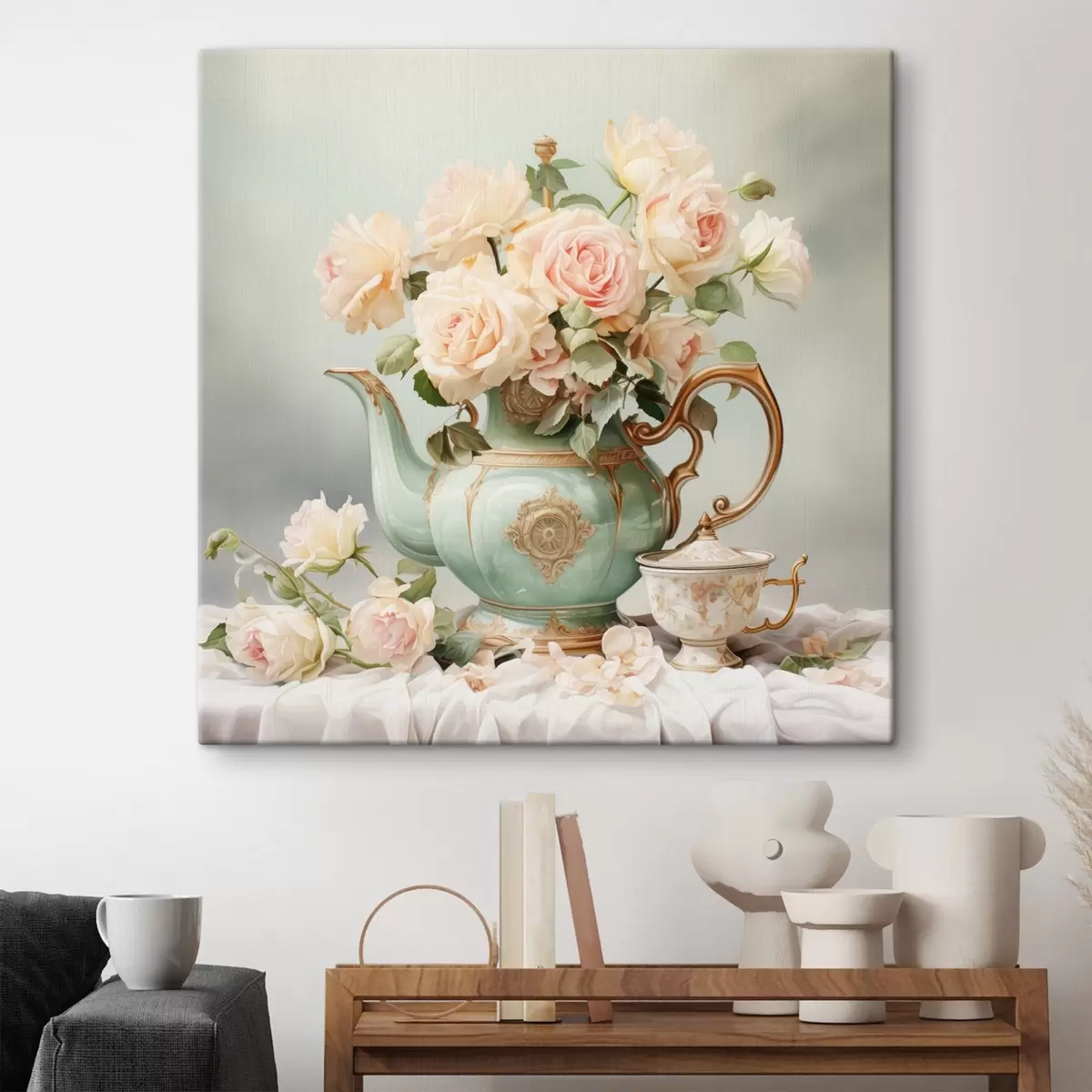 Wandbilder Stilleben mit zarten Rosen in einem Teeservice s45045