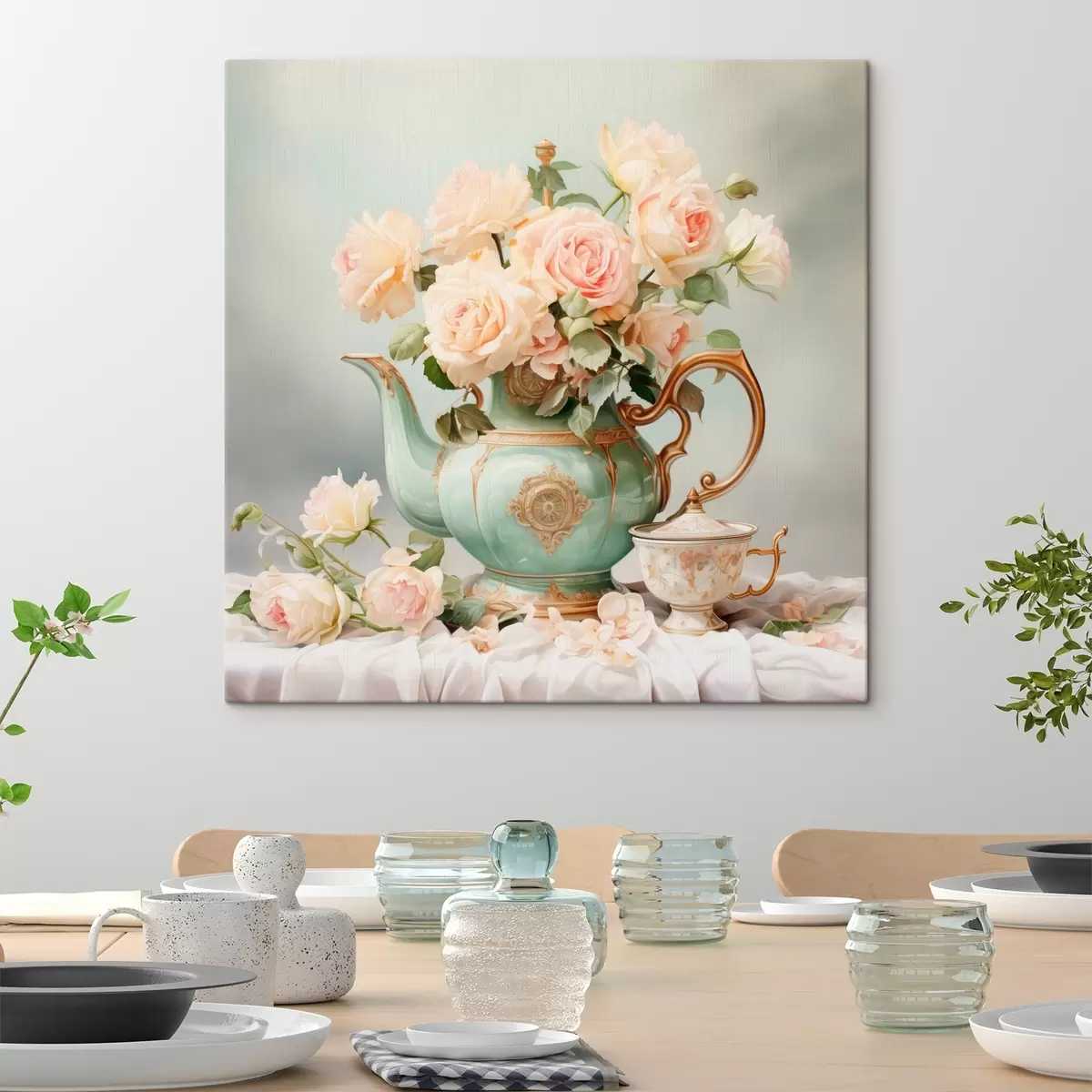 Wandbilder Stilleben mit zarten Rosen in einem Teeservice s45045