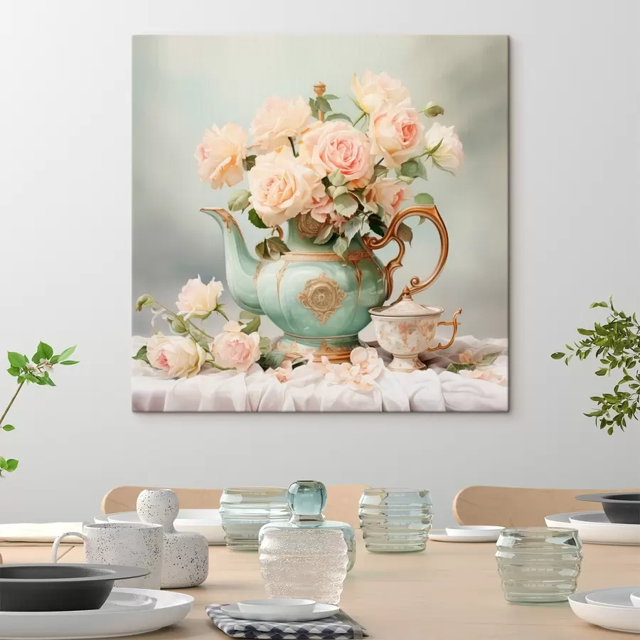 Wandbilder Stilleben mit zarten Rosen in einem Teeservice s45045