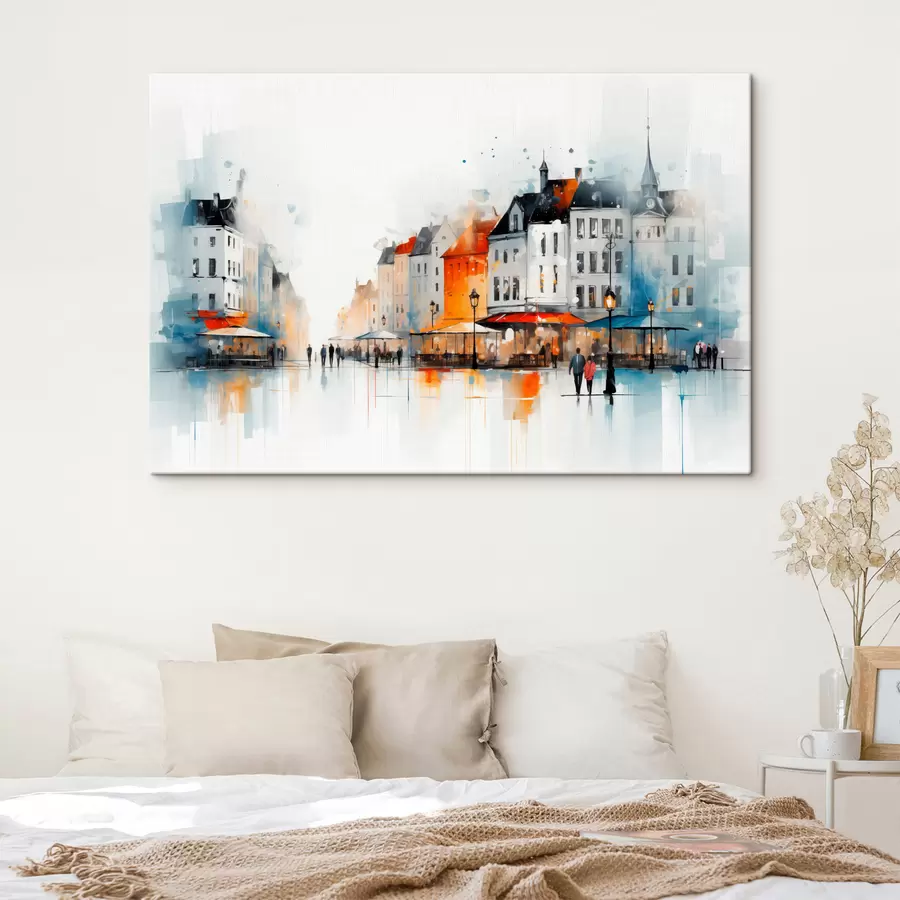 Wandbilder Straßenszene mit Gebäuden und Menschen im künstlerischen Stil s45050