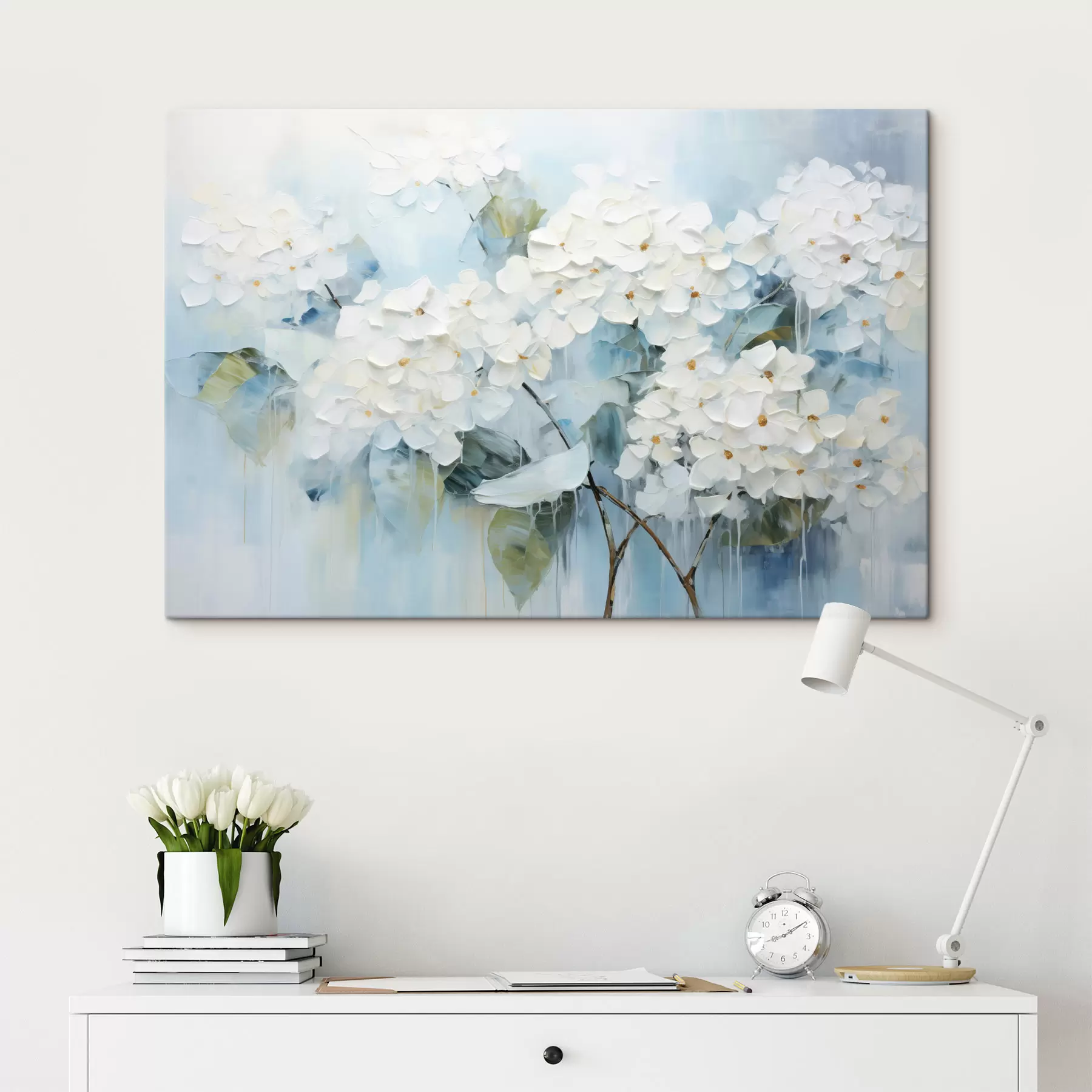 Wandbilder Blühende weiße Hortensien im Stil der Ölmalerei s45051