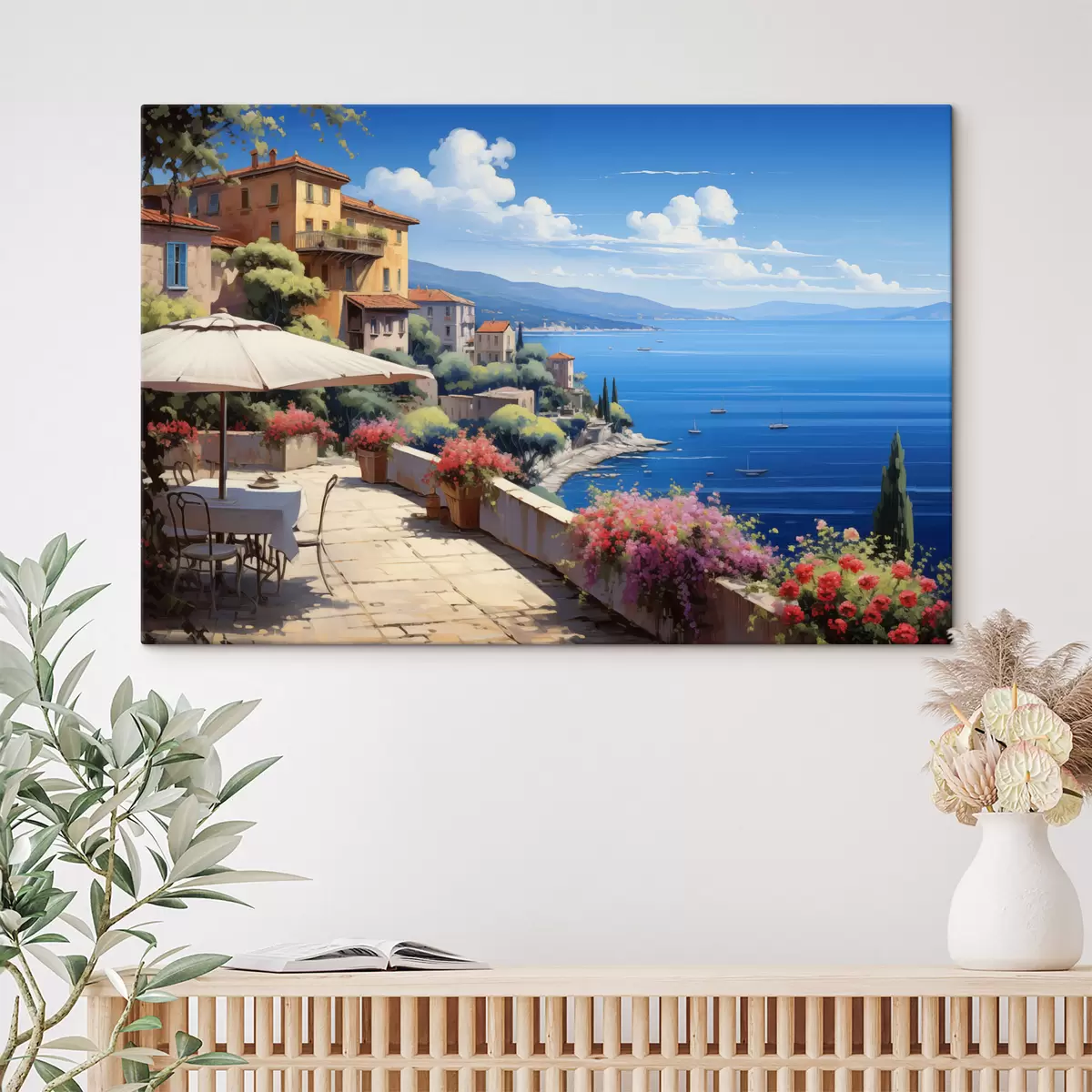 Wandbilder Mediterrane Landschaft mit blühender Terrasse im künstlerischen Stil s45053
