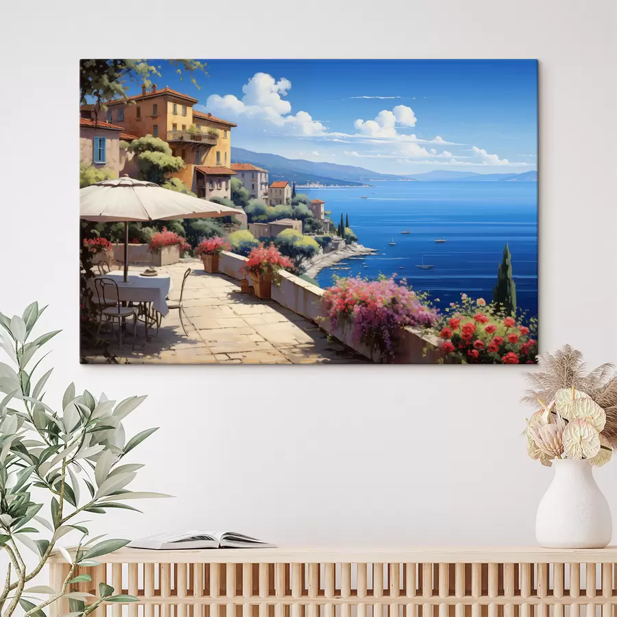 Wandbilder Mediterrane Landschaft mit blühender Terrasse im künstlerischen Stil s45053
