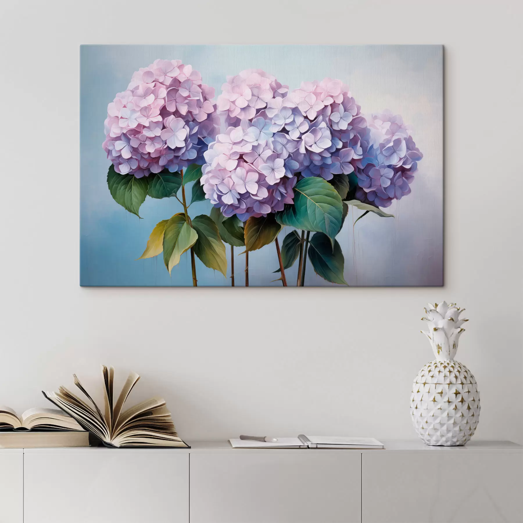 Wandbilder Rosa und fliederfarbene Hortensien im malerischen Stil s45055