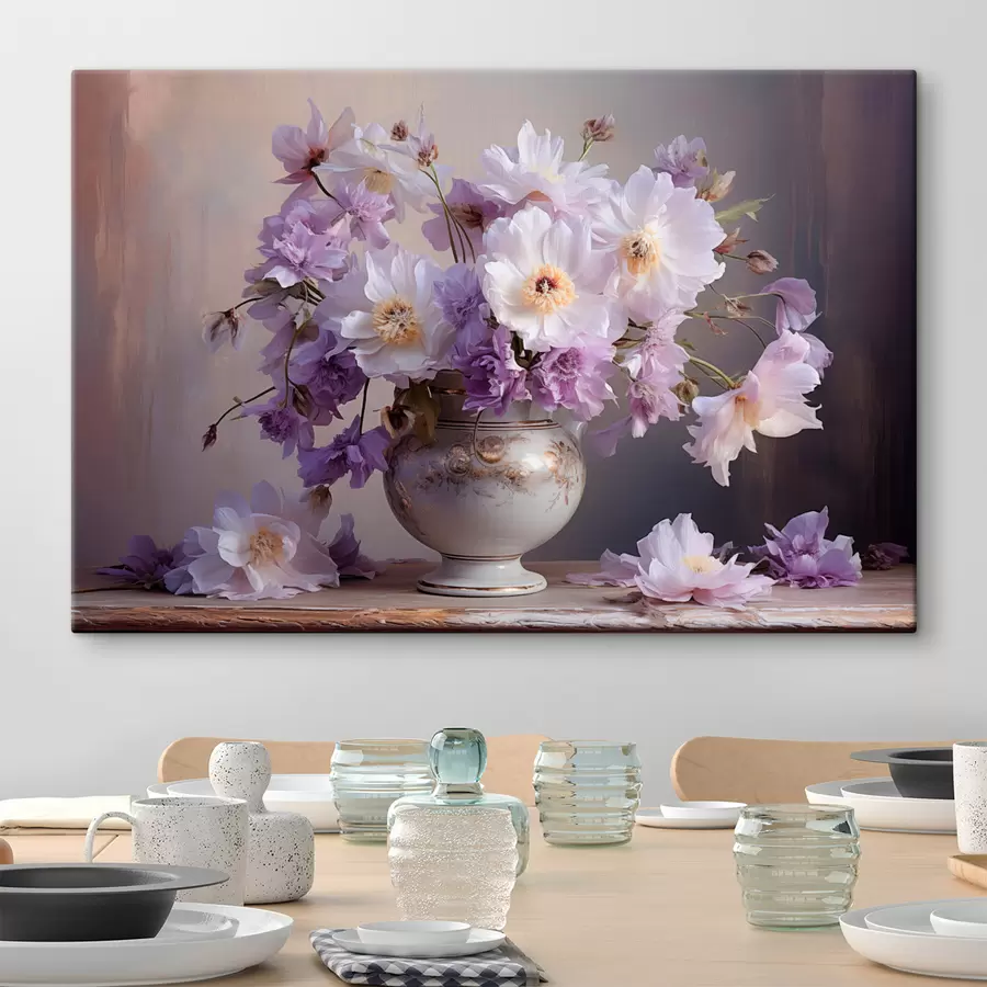 Wandbilder Blumenstillleben: weiße und violette Blumen im künstlerischen Stil s45058