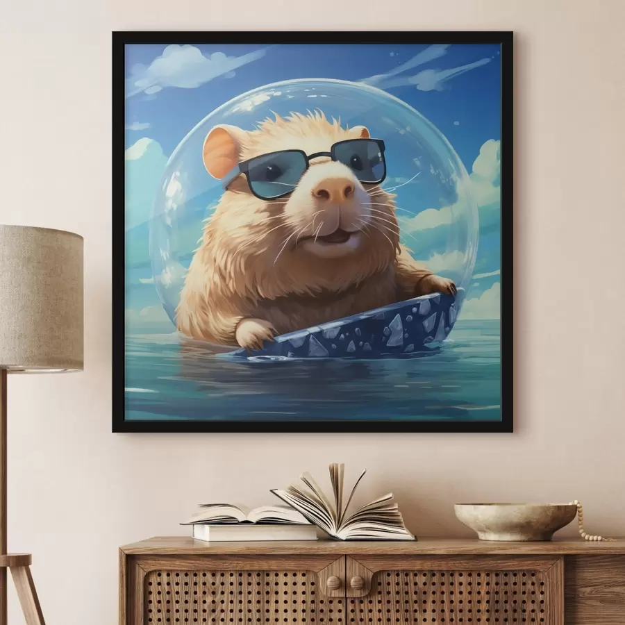 Fototapete Fröhliches Wasserschwein in einer durchsichtigen Blase auf dem Wasser f45029