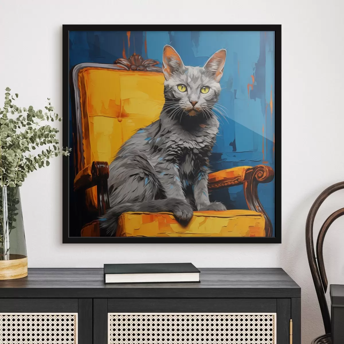 Poster Künstlerische Katze Porträt auf einem blauen Hintergrund f45030