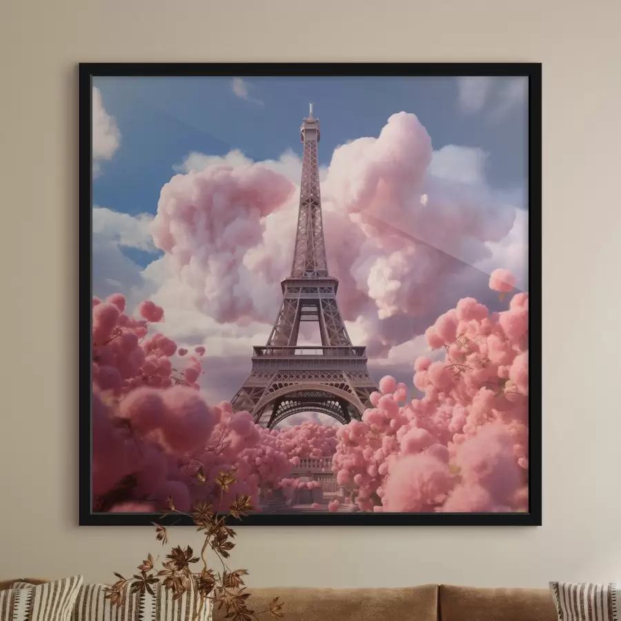 Fototapete Eiffelturm in rosa Wolken im Fantasy-Stil f45036