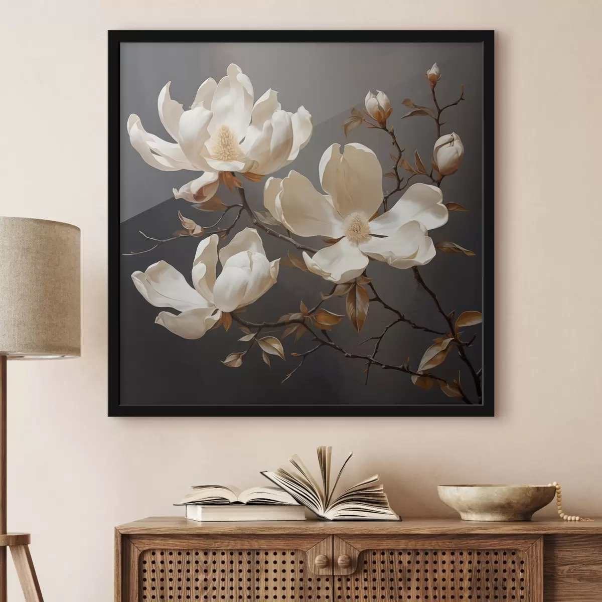 Poster Weiße Magnolien auf dunklem Hintergrund im malerischen Stil f45038