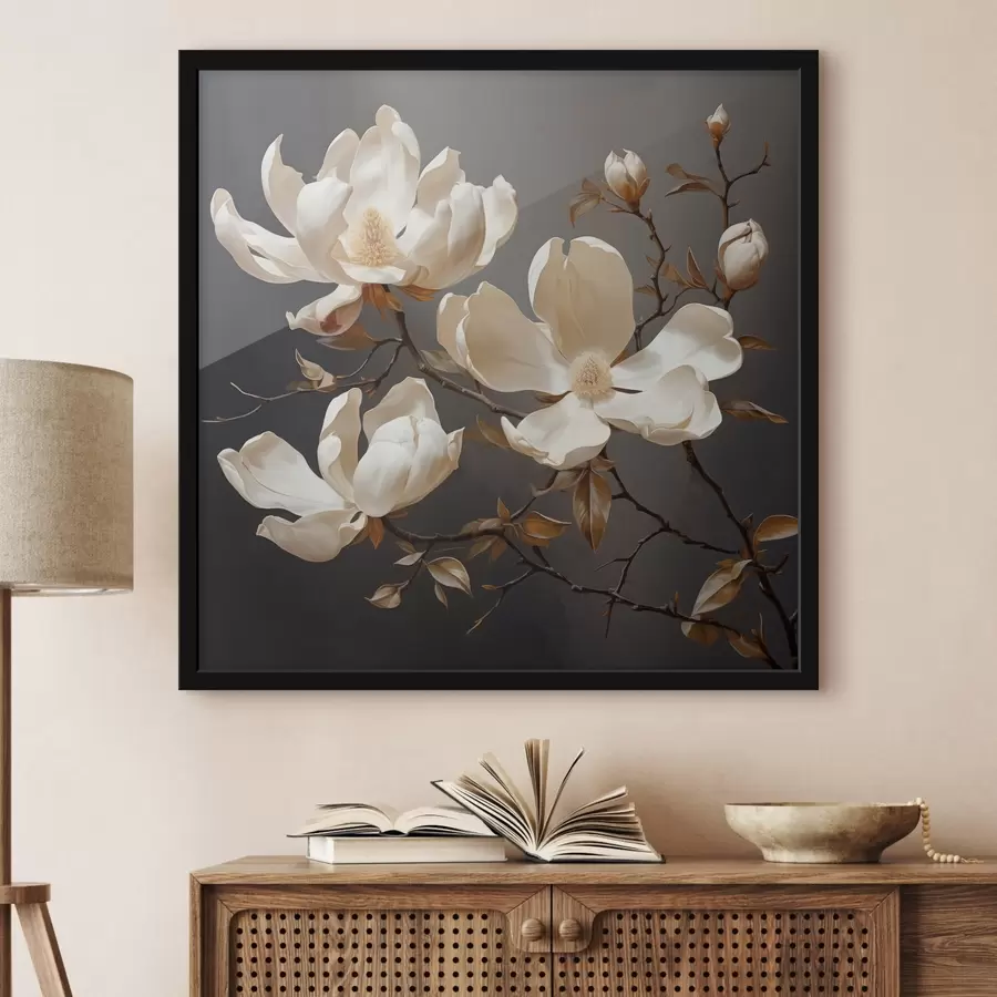 Fototapete Weiße Magnolien auf dunklem Hintergrund im malerischen Stil f45038