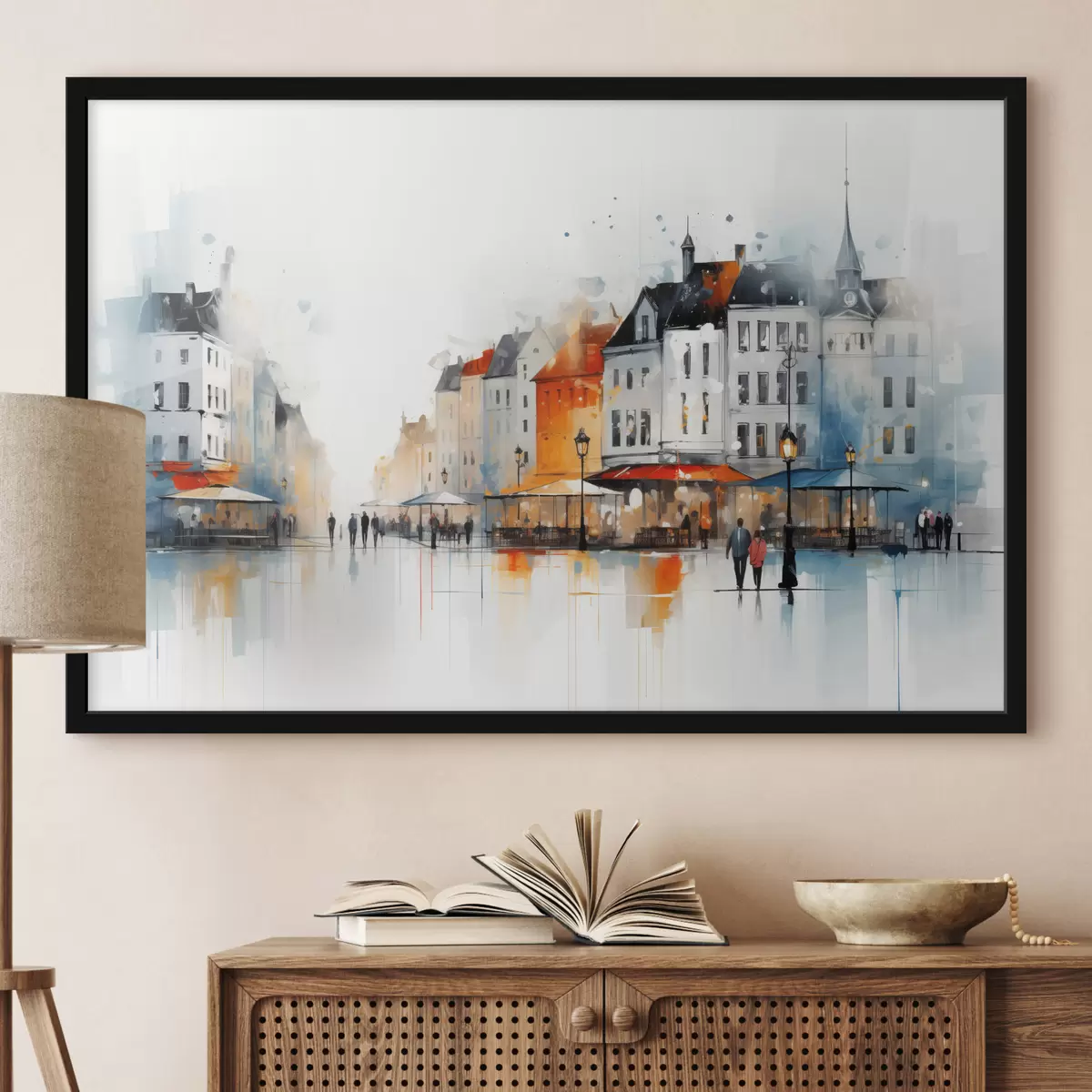 Poster Straßenszene mit Gebäuden und Menschen im künstlerischen Stil f45050