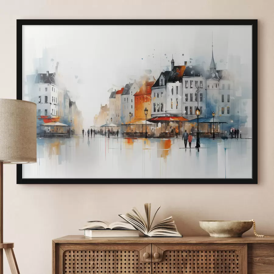 Fototapete Straßenszene mit Gebäuden und Menschen im künstlerischen Stil f45050