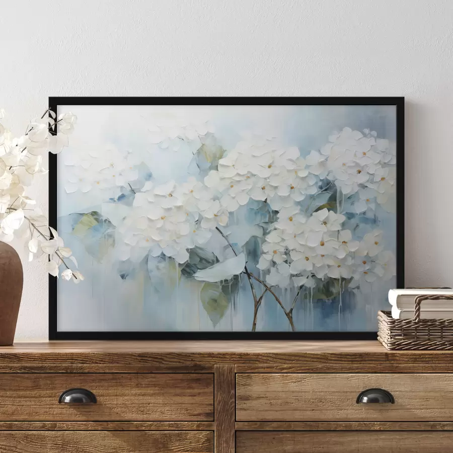 Fototapete Blühende weiße Hortensien im Stil der Ölmalerei f45051