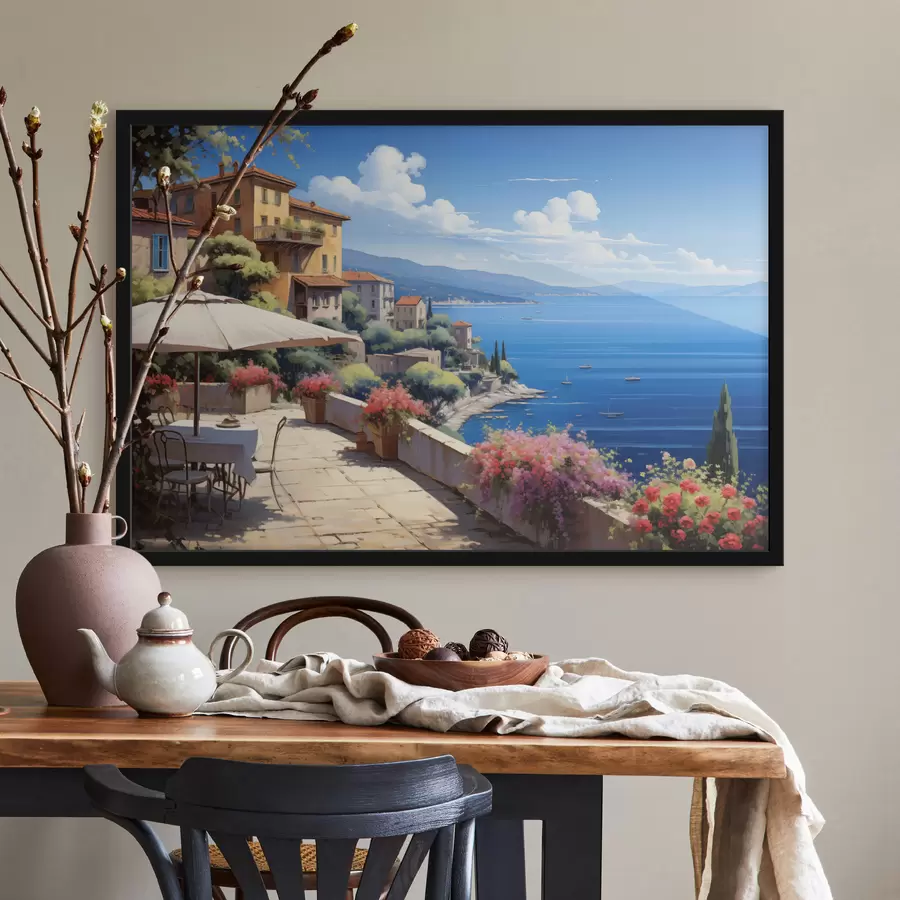 Fototapete Mediterrane Landschaft mit blühender Terrasse im künstlerischen Stil f45053