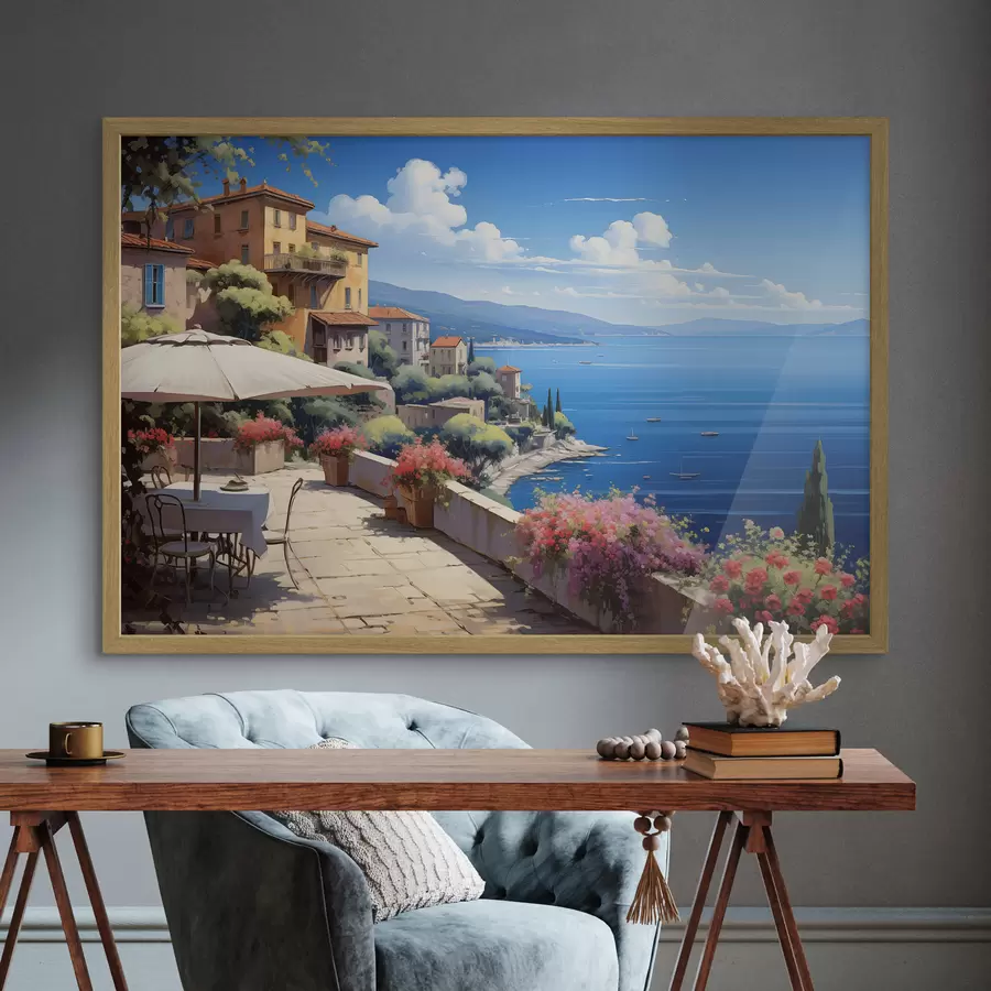 Fototapete Mediterrane Landschaft mit blühender Terrasse im künstlerischen Stil f45053