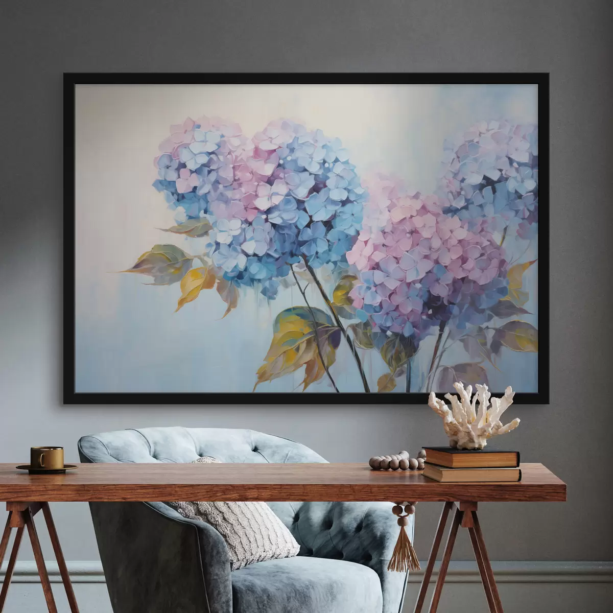 Poster Abstrakte Hortensienblüten in sanften Farbtönen f45056