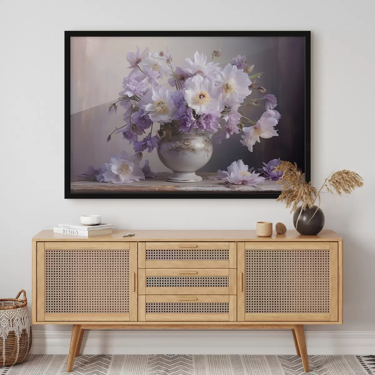 Poster Blumenstillleben: weiße und violette Blumen im künstlerischen Stil f45058