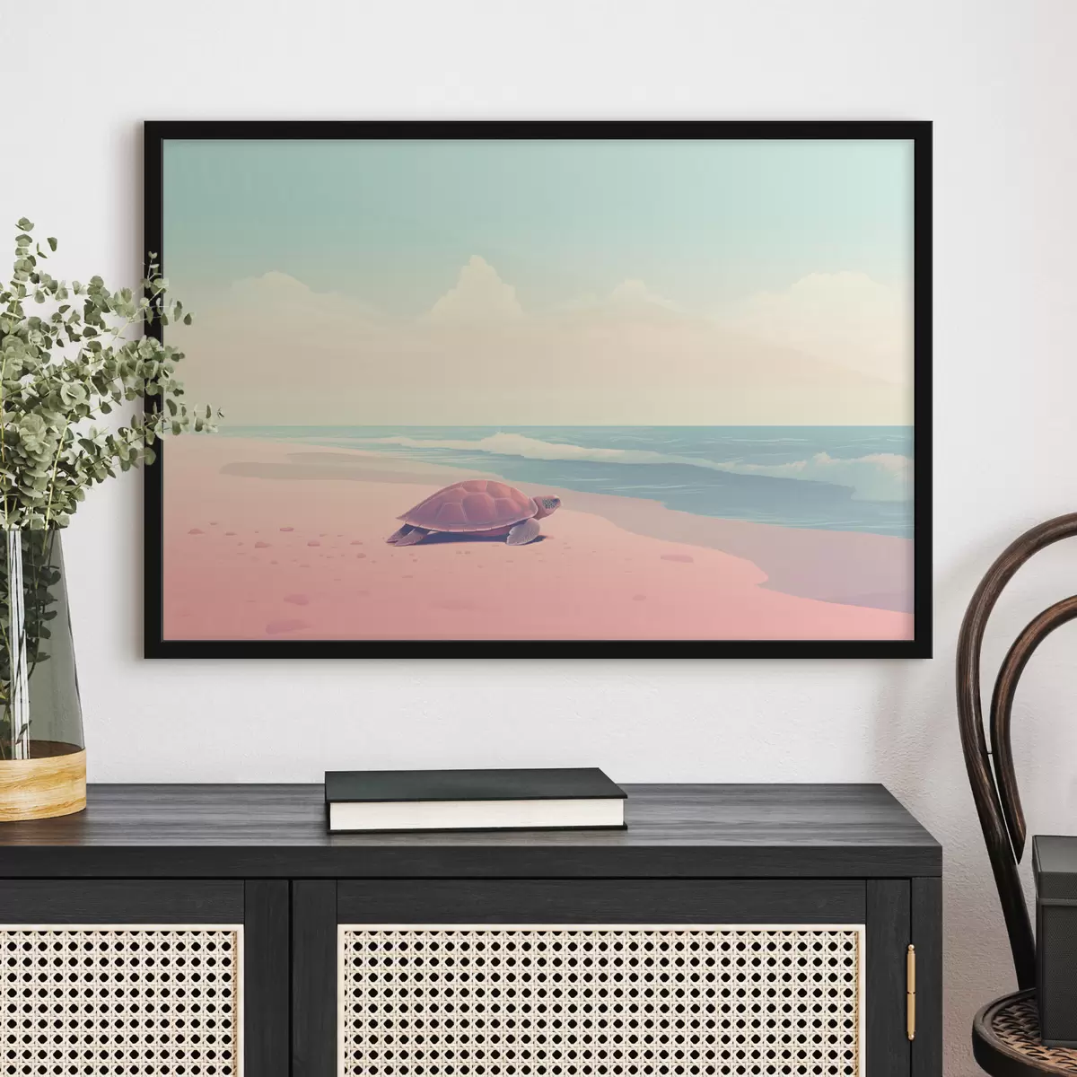 Poster Meeresschildkröte an einem rosa Strand: minimalistische Landschaft f45059