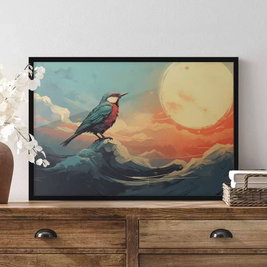 Fototapete Künstlerische Landschaft mit Vogel und leuchtendem Himmel f45060