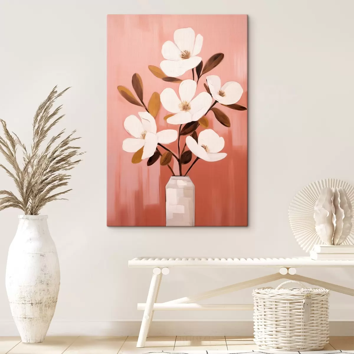 Wandbilder Weiße Magnolien in einer weißen Vase: minimalistische Blumenmalerei s45254