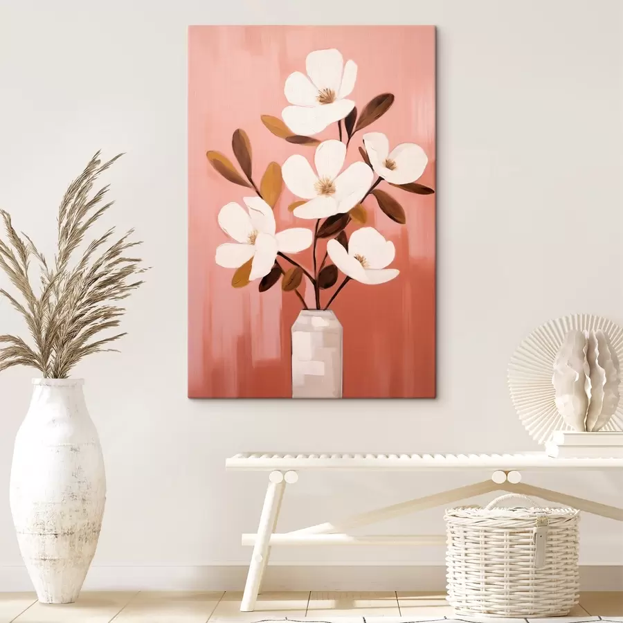 Wandbilder Weiße Magnolien in einer weißen Vase: minimalistische Blumenmalerei s45254