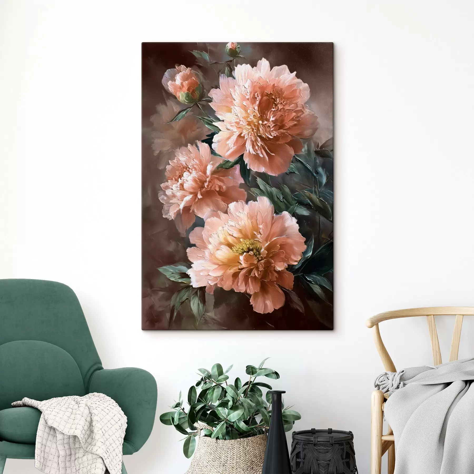 Wandbilder Blumenstrauß aus rosa Pfingstrosen mit fetten Strichen auf dunklem Hintergrund s45260
