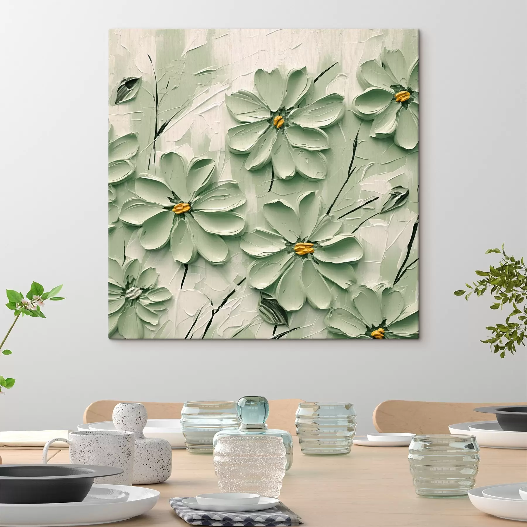 Wandbilder Grüne Blumen mit gelben Zentren gemalt in dicken Pinselstrichen auf einem hellen Hintergrund s45265