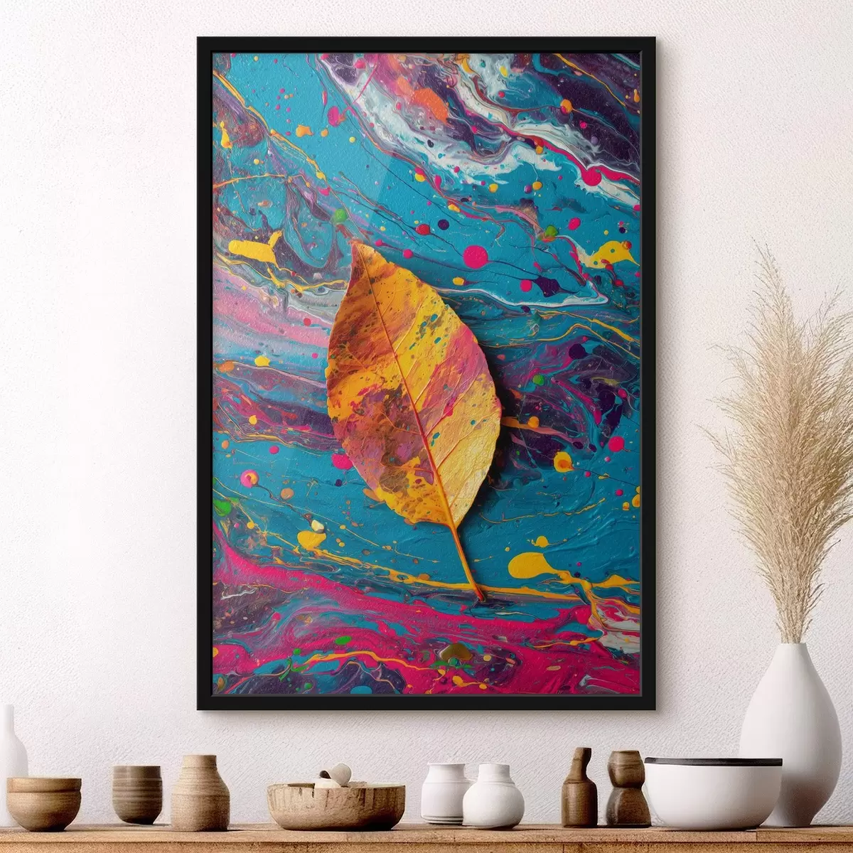 Poster Helle Blatt auf einem bunten Hintergrund: abstrakte Zusammensetzung f45245