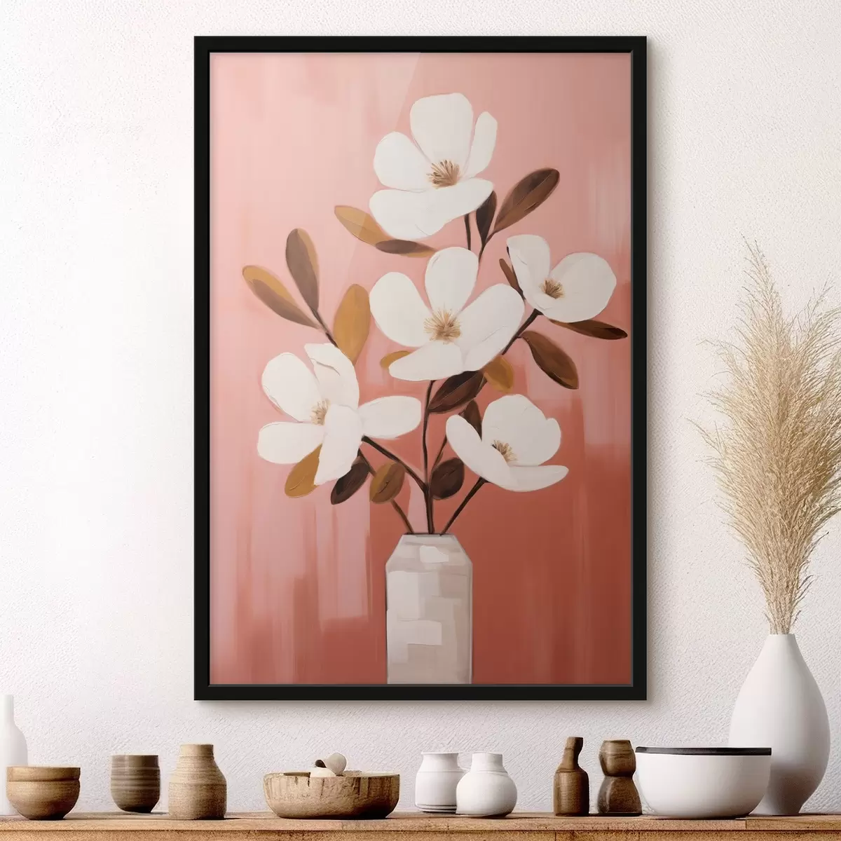 Poster Weiße Magnolien in einer weißen Vase: minimalistische Blumenmalerei f45254