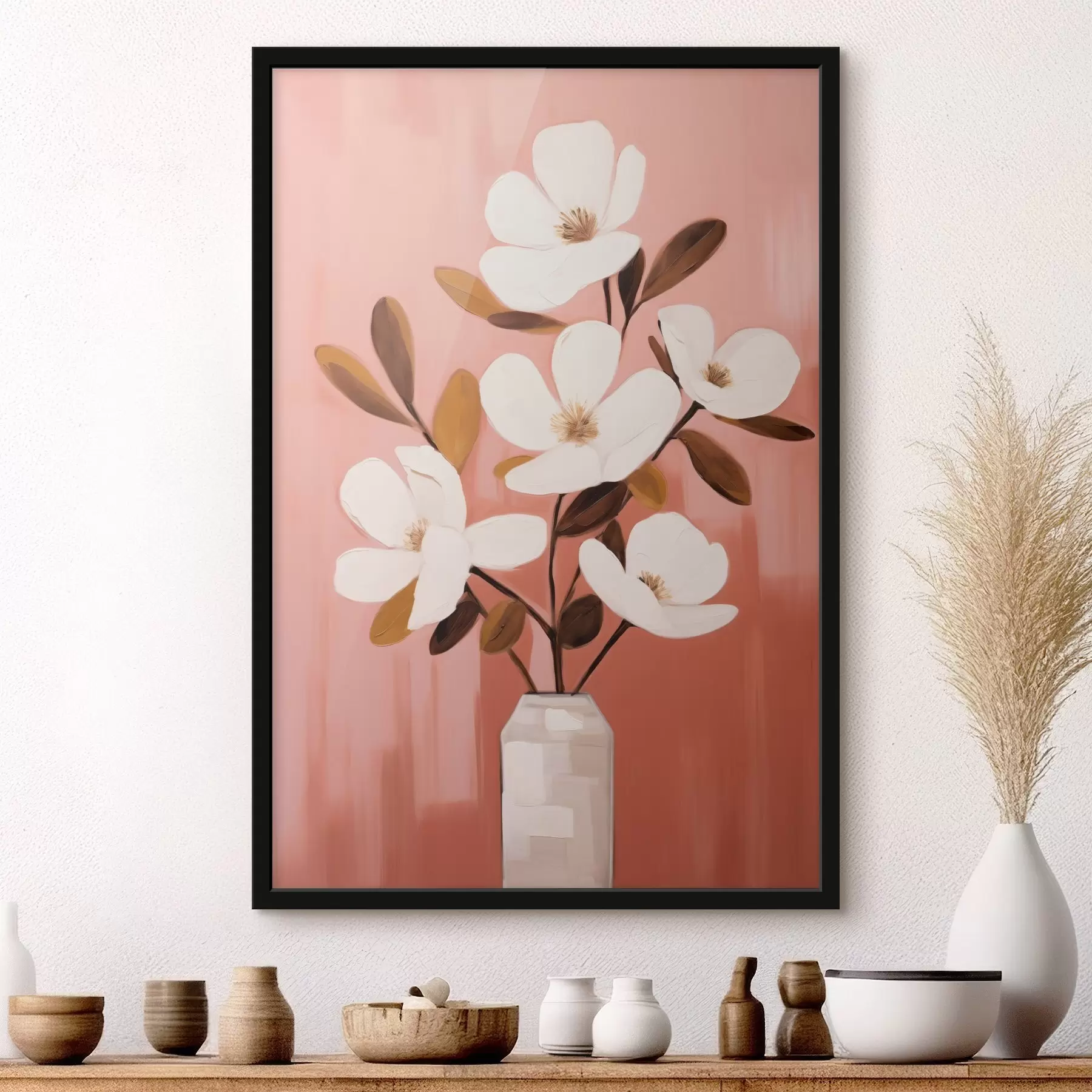 Fototapete Weiße Magnolien in einer weißen Vase: minimalistische Blumenmalerei f45254