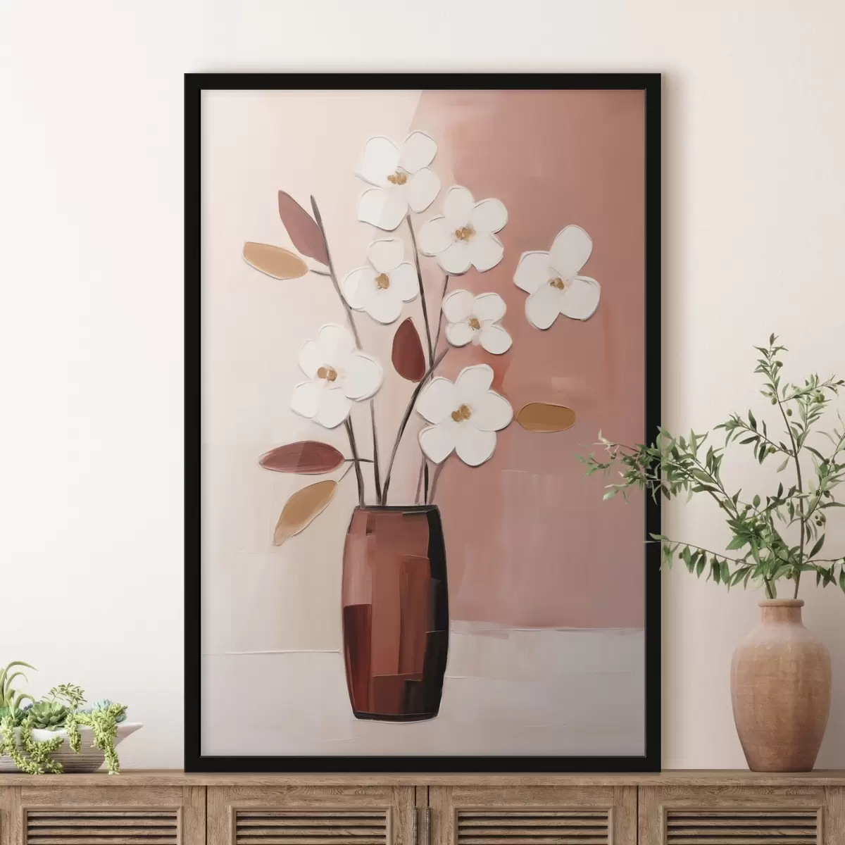 Poster Weiße Blumen in einer dunklen Vase: moderne Blumenmalerei f45255