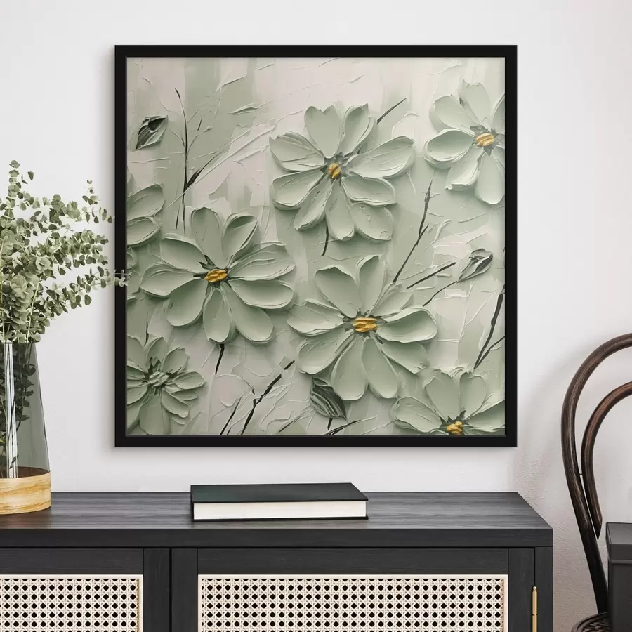 Fototapete Grüne Blumen mit gelben Zentren gemalt in dicken Pinselstrichen auf einem hellen Hintergrund f45265