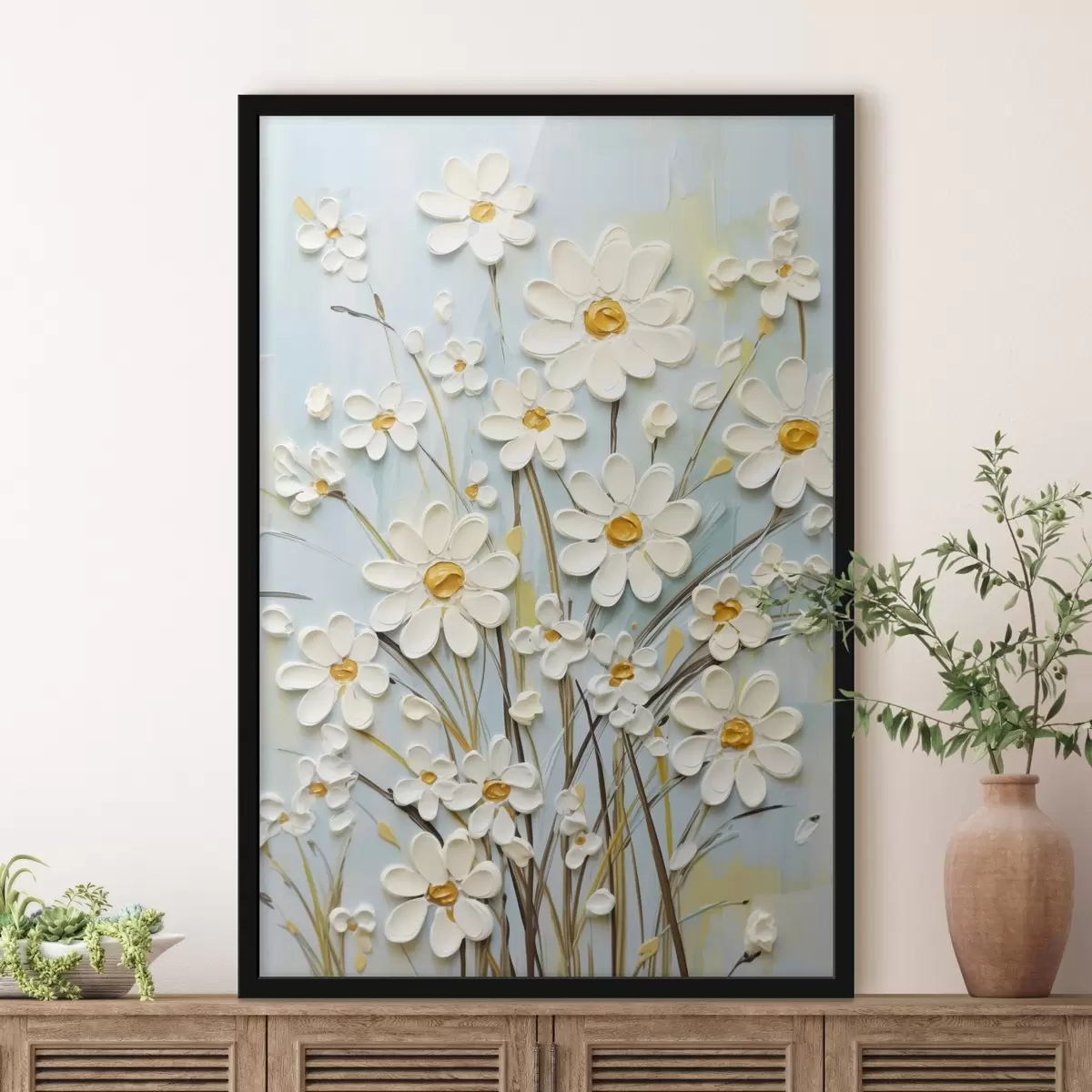 Poster Strukturierte Gänseblümchen: Impasto-Kunst mit ausdrucksstarken Pinselstrichen f45266