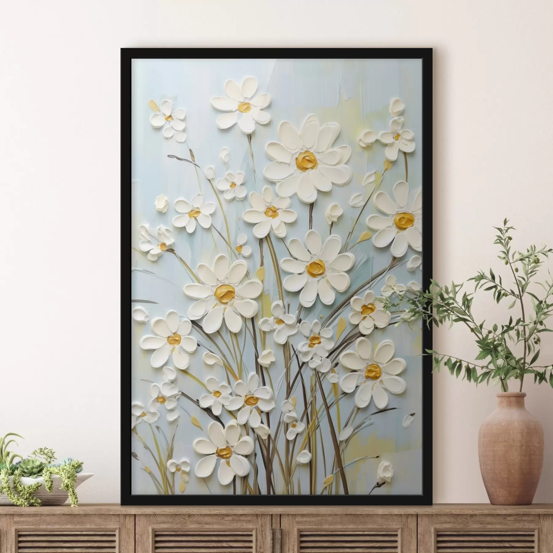 Fototapete Strukturierte Gänseblümchen: Impasto-Kunst mit ausdrucksstarken Pinselstrichen f45266