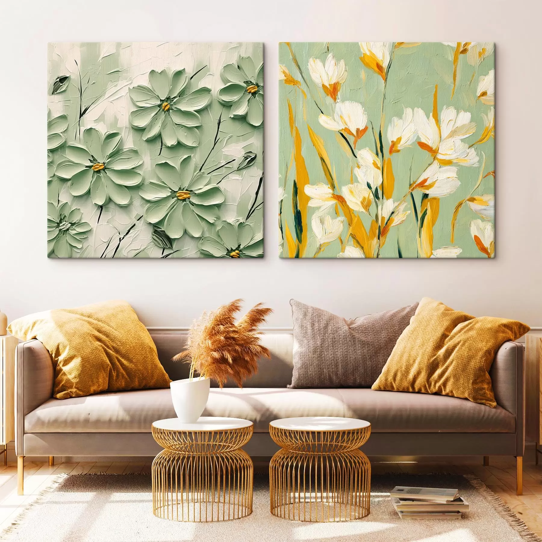 Wandbilder Blumenwiese: Kunstkomposition mit volumetrischen Blumen auf einem pastellfarbenen Hintergrund m00567