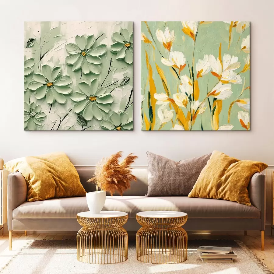 Wandbilder Blumenwiese: Kunstkomposition mit volumetrischen Blumen auf einem pastellfarbenen Hintergrund m00567