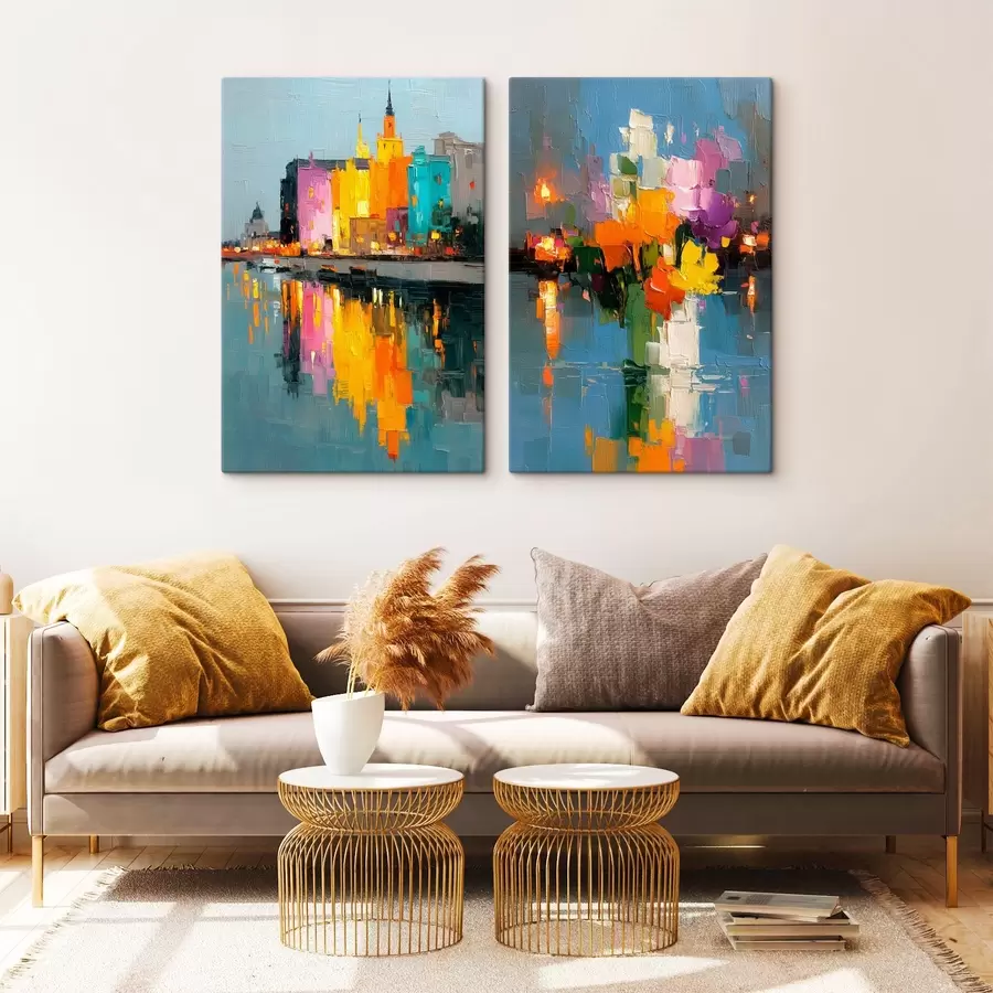 Wandbilder Dynamik der Stadt: abstrakte Komposition mit Lichtreflexionen auf dem Fluss m00569