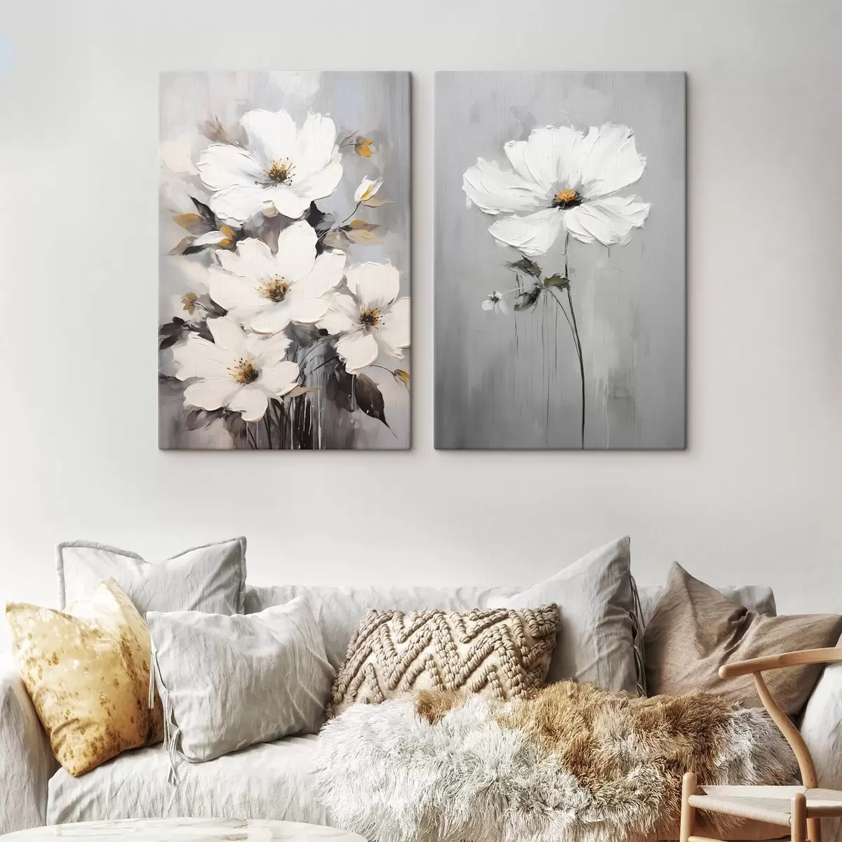 Wandbilder Künstlerische Komposition mit weißen Blumen und strukturierter Oberfläche im minimalistischen Stil m00574