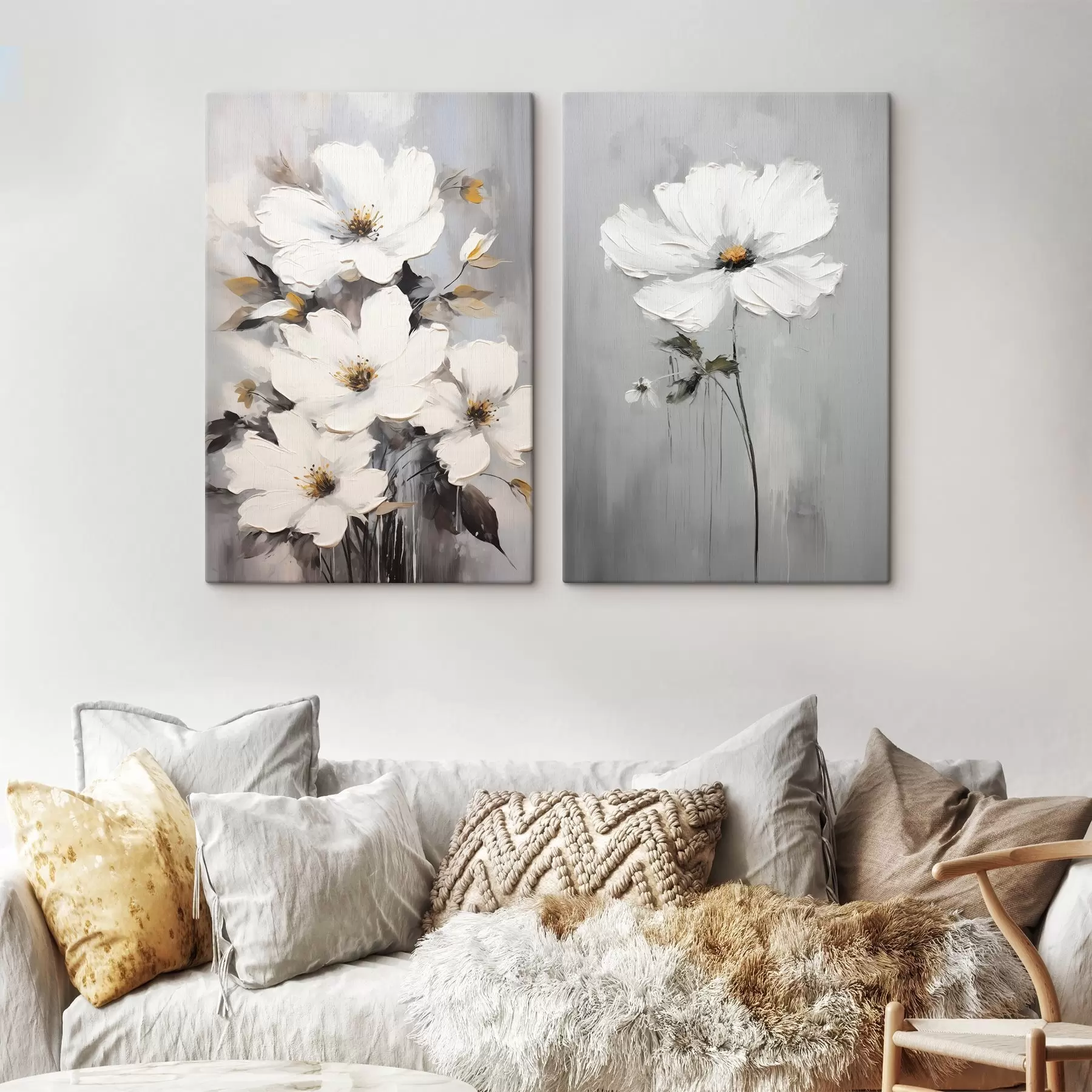 Wandbilder Künstlerische Komposition mit weißen Blumen und strukturierter Oberfläche im minimalistischen Stil m00574