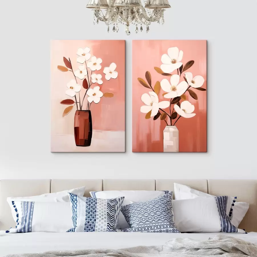 Wandbilder Komposition mit kontrastierenden Vasen und strukturierten weißen Blumen m00575