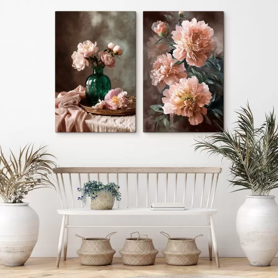 Wandbilder Gepaart Zusammensetzung mit rosa Pfingstrosen in einer Vase und auf Leinwand m00578