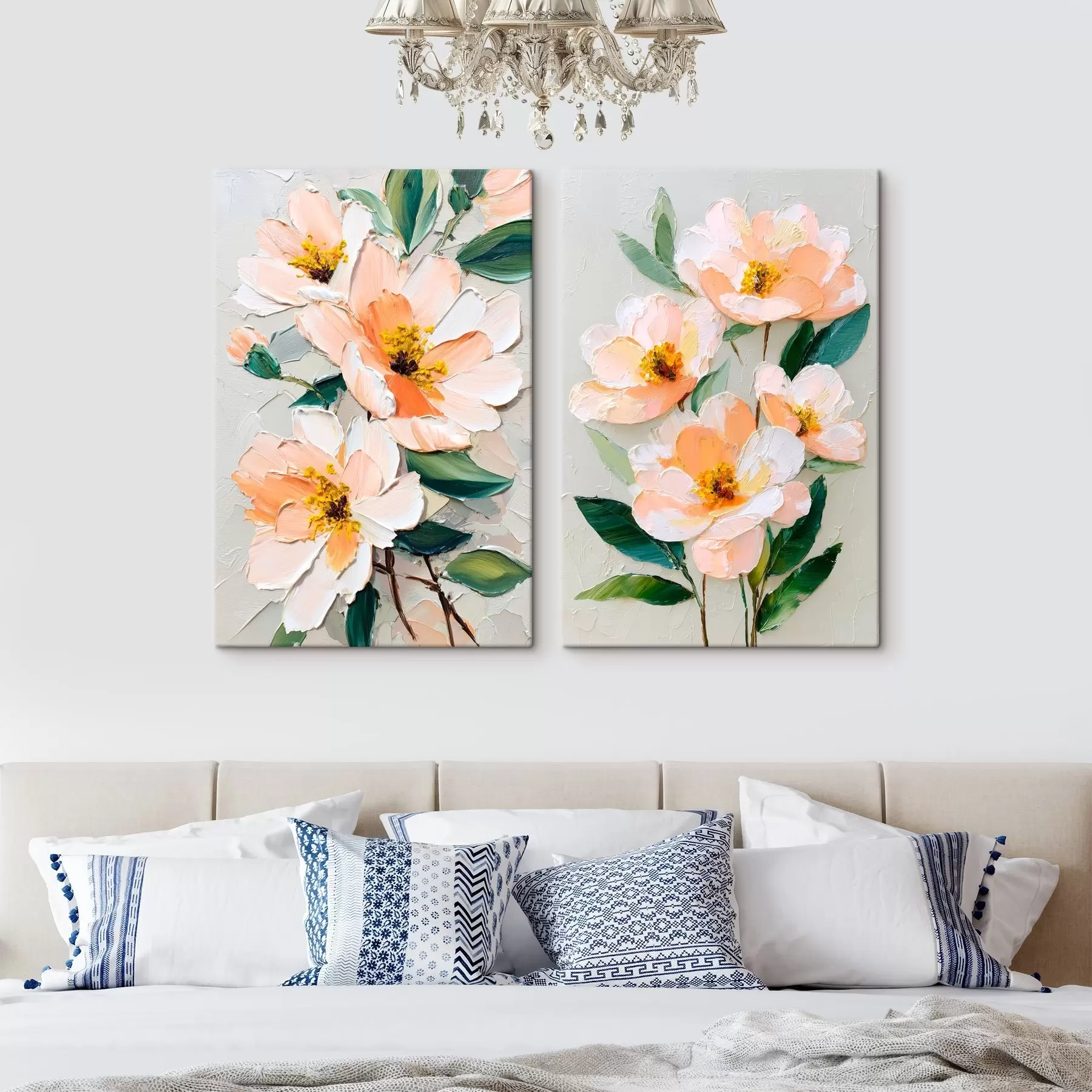 Wandbilder Impasto-Malerei, die einen großen Blumenstrauß und einzelne Blumen kombiniert m00579