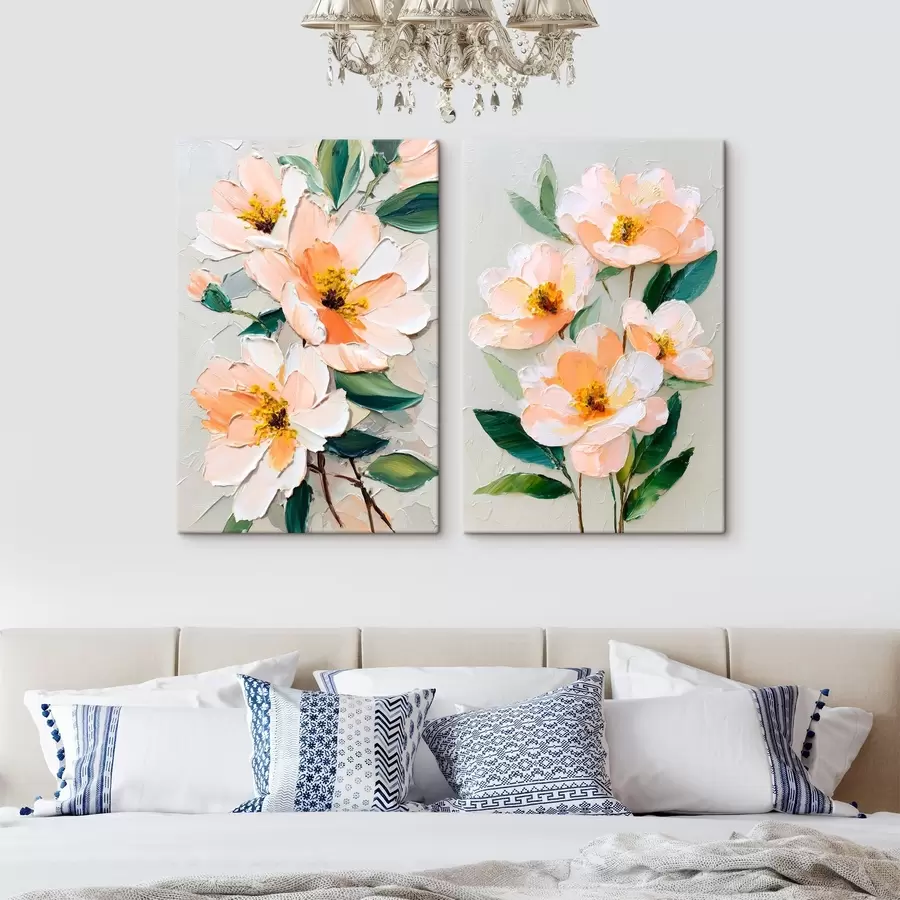 Wandbilder Impasto-Malerei, die einen großen Blumenstrauß und einzelne Blumen kombiniert m00579