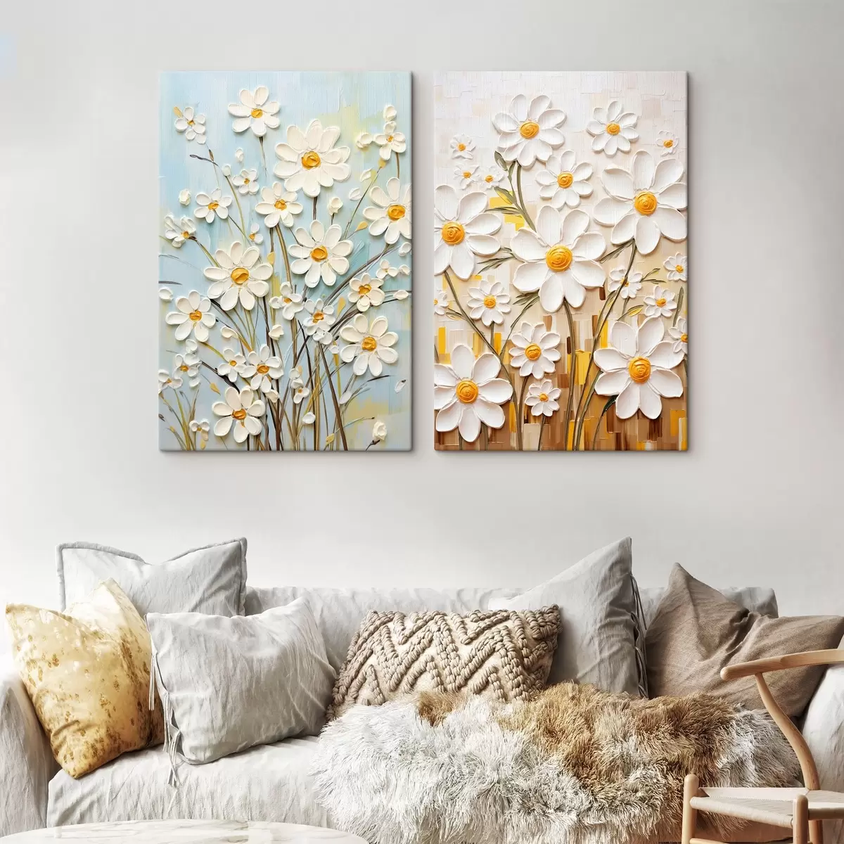 Wandbilder Sonnige Blumen: Kunstduett mit volumetrischen Gänseblümchen und gelben Akzenten m00580