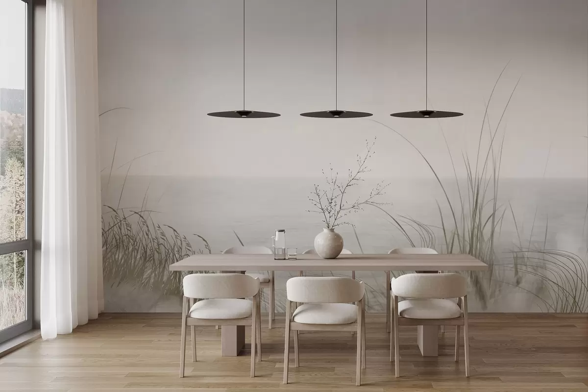 Fototapete Nebliges Ufer mit zarten Gräsern im Vordergrund w04339