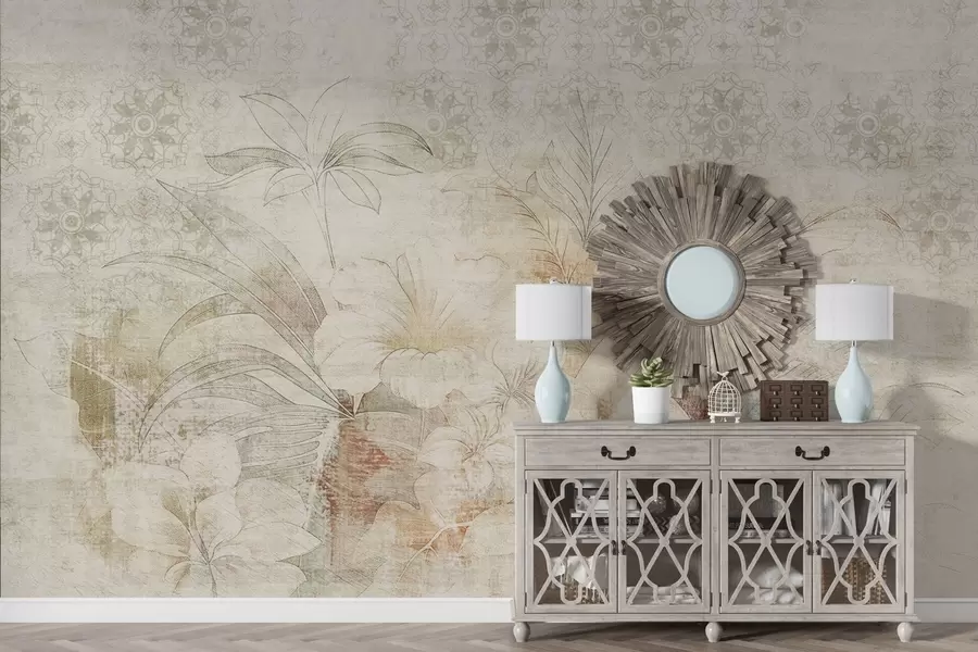 Fototapete Blumen und Blätter auf strukturiertem Hintergrund mit Ornamenten w04343