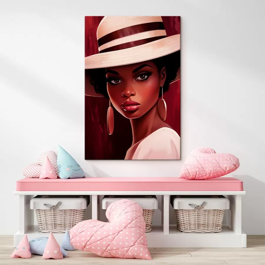 Wandbilder Frau mit einem hellen Hut und runden Ohrringen s45323