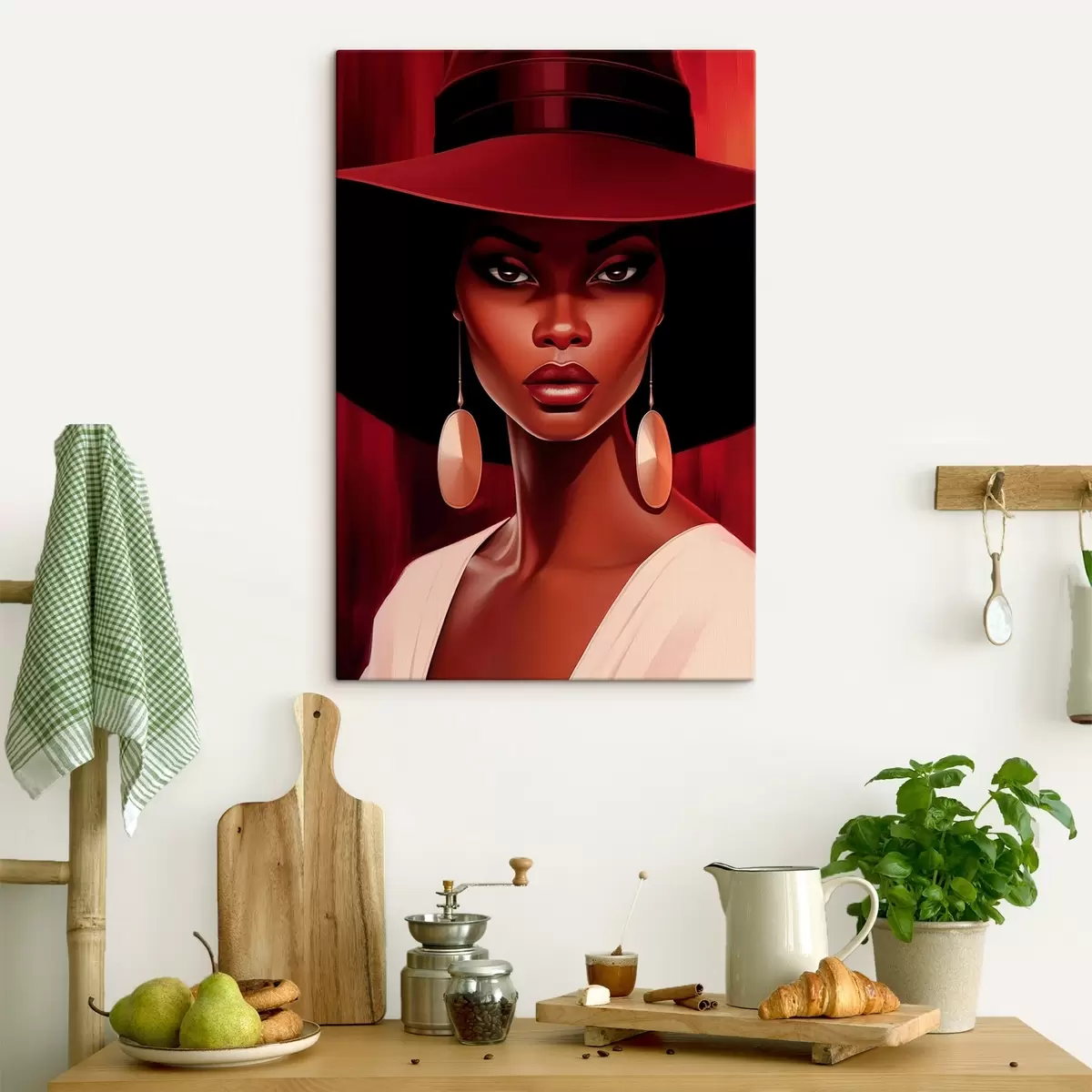 Wandbilder Frau mit Hut und runden Ohrringen s45325