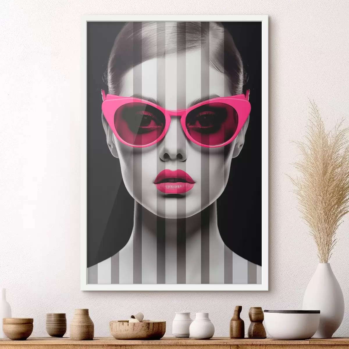 Poster Frau mit rosa Brille mit schwarzen und weißen Streifen f45315