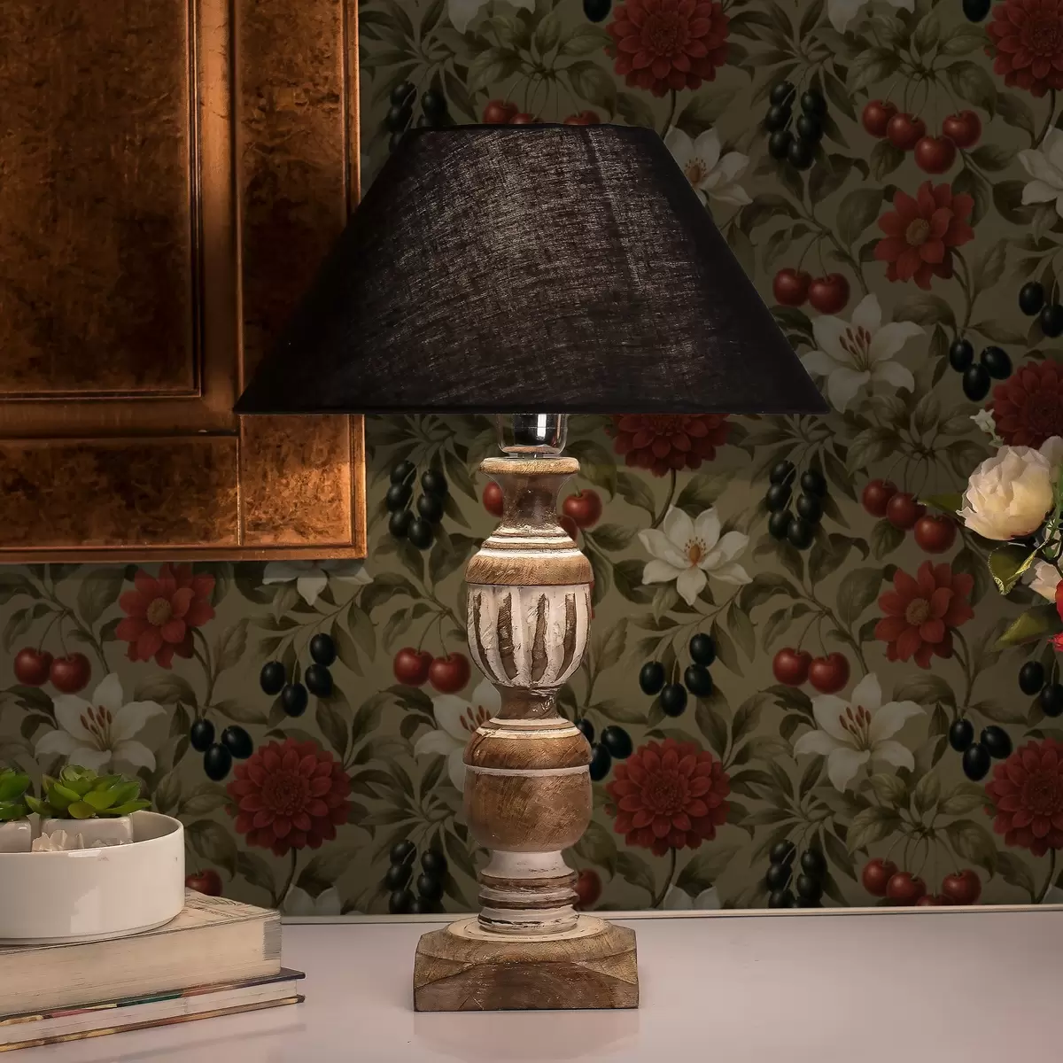 Tapete Kirschen, Blumen und schwarze Oliven a00384